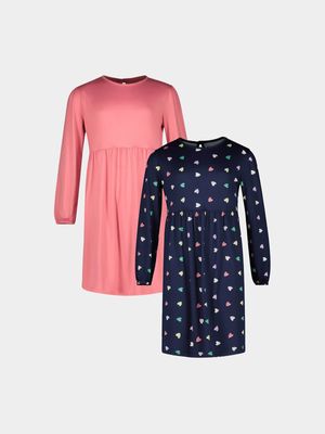 Younger Girl's Navy & Pink 2 Pack Dresses