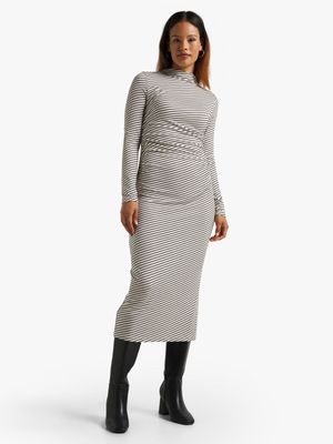 Women's White & Black Striped Ruched Bodycon Dress