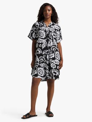 Women's Black & White Floral Print Tunic Dress