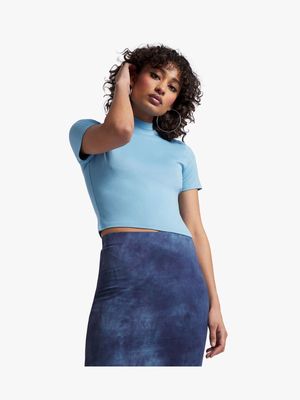 Women's Blue High Neck Fitted Top
