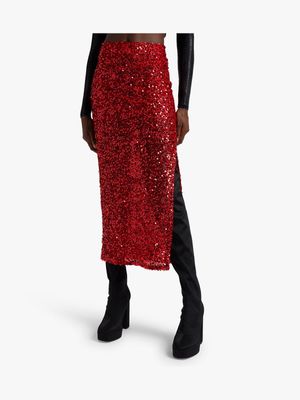 Women's Red Glam Midaxi Skirt