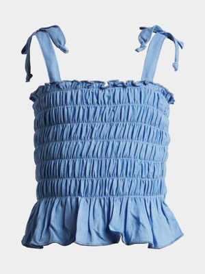Younger Girl's Blue Smocked Top