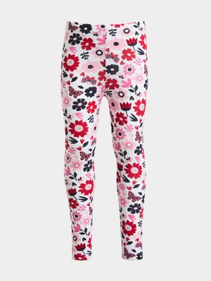 Younger Girl's Red & Pink Floral Print Leggings