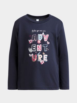 Younger Girl's Navy Graphic Print T-Shirt