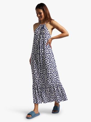 Women's Navy Geometric Print Halterneck Maxi Dress