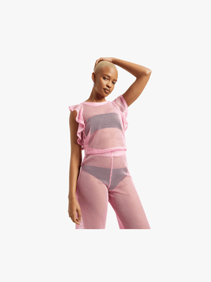 Women's Pink Co-Ord Mesh Top With Ruffle Detail