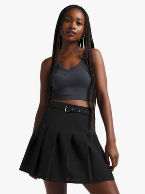 Women's Black Belted Pleat Detail Mini Skirt