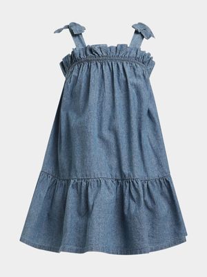 Older Girl's Blue Chambray Tiered Dress