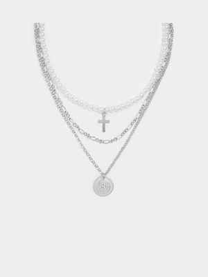 Men's Sliver Pearl Cross & Crest Necklace