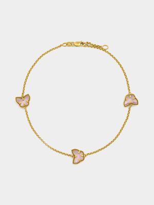 Yellow Gold & Sterling Silver Pink Cubic Zirconia Butterfly Anklet  chain.