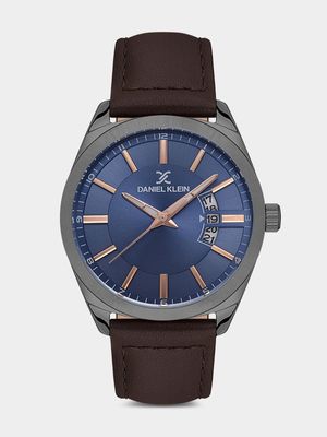 Daniel Klein Gunmetal Plated Blue Dial Brown Leather Watch