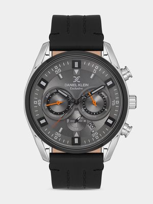 Daniel Klein Silver & Black Plated Grey Dial Black Leather Chronograph Watch