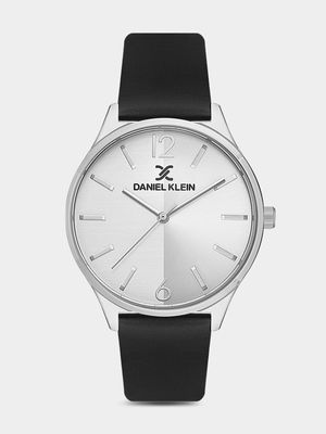 Daniel Klein Silver Plated Black Leather Watch