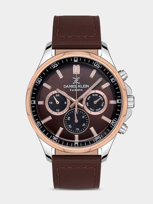 Daniel Klein Silver & Rose Plated Brown Dial Brown Leather Chronograph Watch