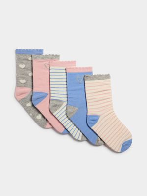 Girl's Pink, Blue & Grey 5-Pack Socks
