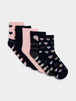 Younger Girl's Navy & Pink 5-Pack Socks