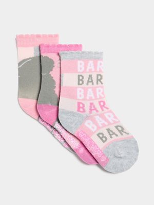 Jet Younger Girls Pink/Grey 3 Pack Barbie Anklet Socks