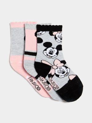 Jet Younger Girls Pink/Black 3 Pack Minnie Anklet Socks