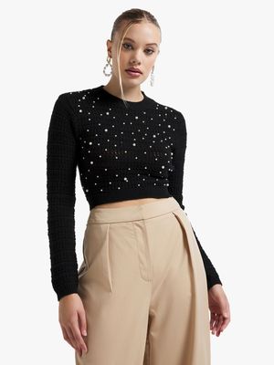 Women's Black Knit Pearl Studded Top