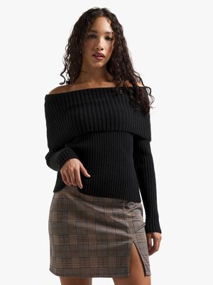 Women's Brown Check Melton One Slit Mini Skirt