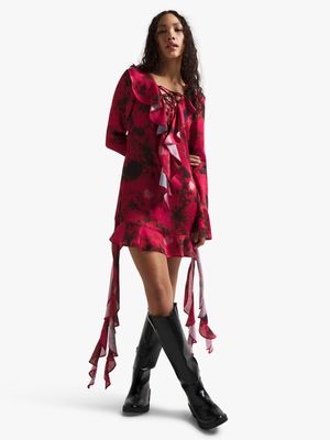Women's Red Abstract Print Ruffle Mini Dress