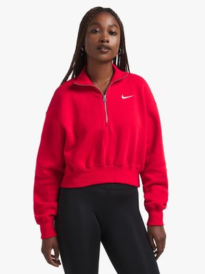 Nike Women's NSW Phoenix Fleece 1/2-Zip Red Cropped Sweat Top