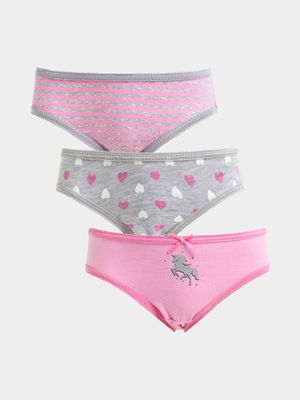 Jet Younger Girls Pink/Grey 3 Pack Heart Panties