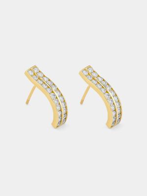 Yellow Gold Cubic Zirconia Women’s Double Row Open End Hoop Earrings