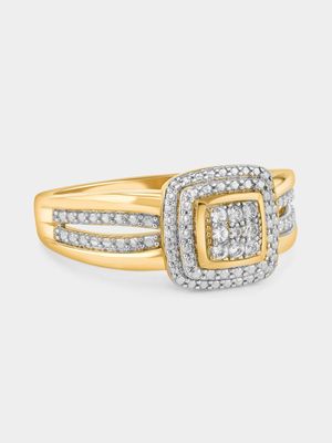 Yellow Gold Diamond & Created Sapphire Cushion Double Halo Ring