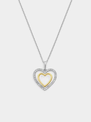 Yellow Gold & Sterling Silver Diamond & Created Sapphire Double Open Heart Pendant