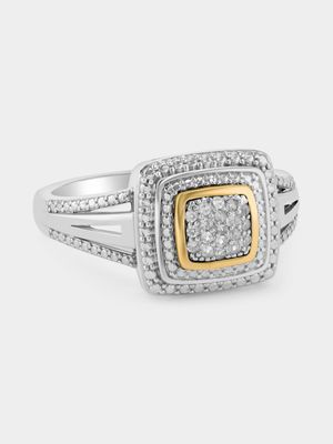 Yellow Gold & Sterling Silver Diamond Cushion Double Halo Ring