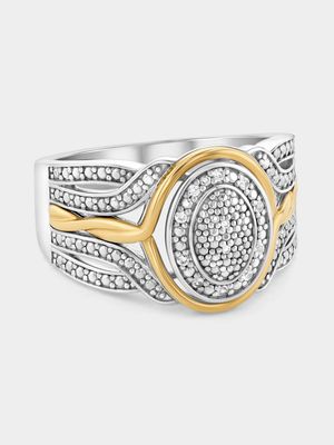 Yellow Gold & Sterling Silver Diamond & Created Sapphire Oval Halo Woven Ring