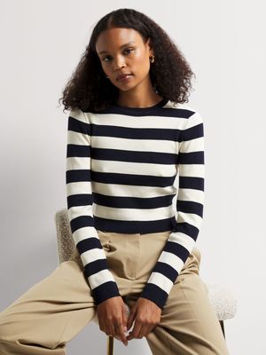 Fitted Long Sleeve Stripe Crew Neck Knit