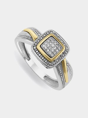 Yellow Gold & Sterling Silver Diamond & Created Sapphire Crossover Cushion Ring
