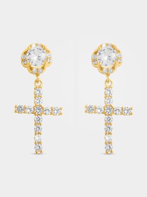Gold Tone Diamante Cross Drop Earrings