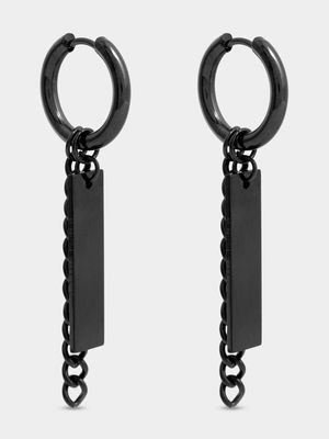 Black Stainless Steel Huggies with Removable Chain & Disk Charm