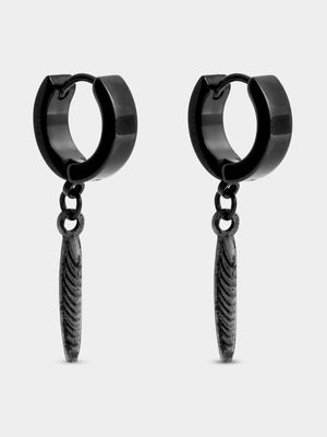Black Stainless Steel Dangle Feather Huggie