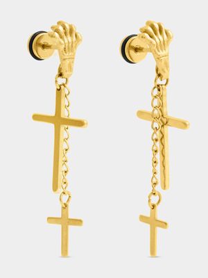Stainless Steel Gold Tone Double Cross Drop Earrings
