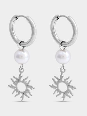 Stainless Steel Huggies with Removable Pearl & Sun Charm