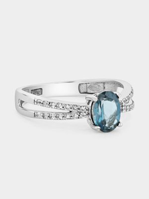 White Gold Diamond & London Blue Topaz Oval Bow Ring