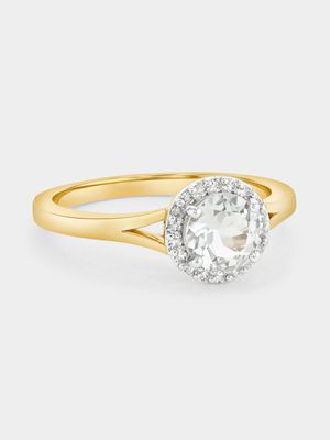 Yellow Gold Diamond & Green Amethyst Round Halo Ring