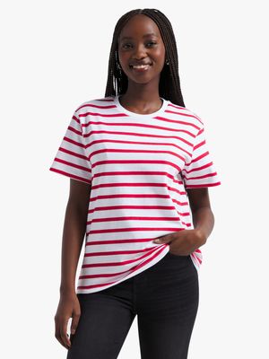 Jet Women's Regular White & Red Striped Tee