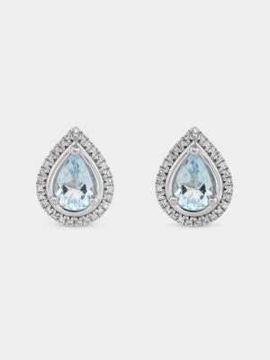 White Gold Diamond & Sky Blue Topaz Pear Halo Stud Earrings