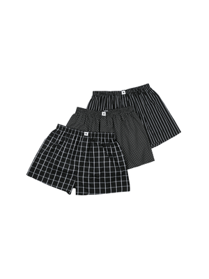 MKM BLACK 3 PACK GINGHAM AND STRIPE WOVEN BOXER