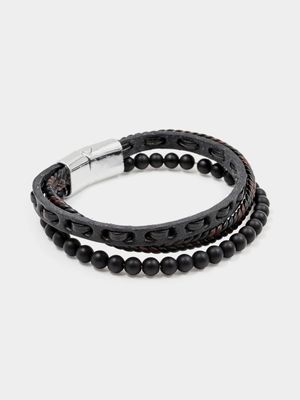 Men's Markham Genuine Leather Woven Bead Brown Bracelet