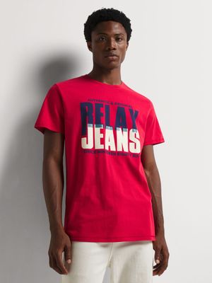 Men's Relay Jeans Overlay Bold Text Graphic Red T-Shirt