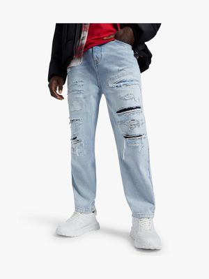 Men's Relay Jeans Cropped Tapered Destroyed Light Blue Jean