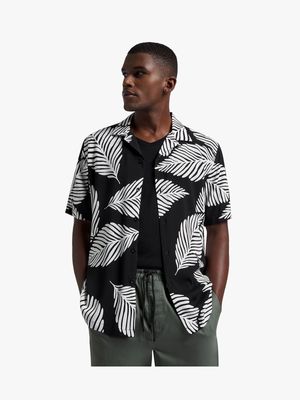 Men's Markham Printed Viscose Mono Leaf Black Shirt