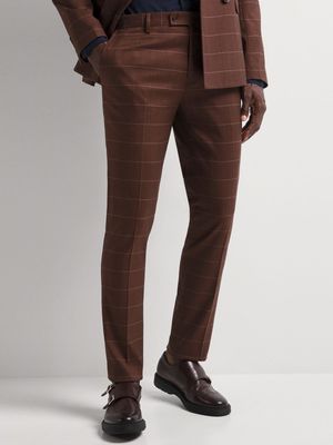 Men's Markham Slim Textured Windowpane Check Brown Trouser