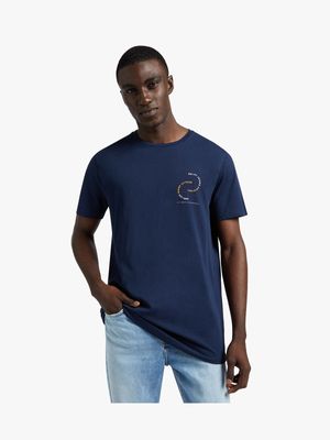 RJ Navy Slim Fit Swirl Chest Brand T-Shirt